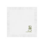 Close-up of a premium white coined-edge martini theme napkin personalized with a custom name for a special event.
