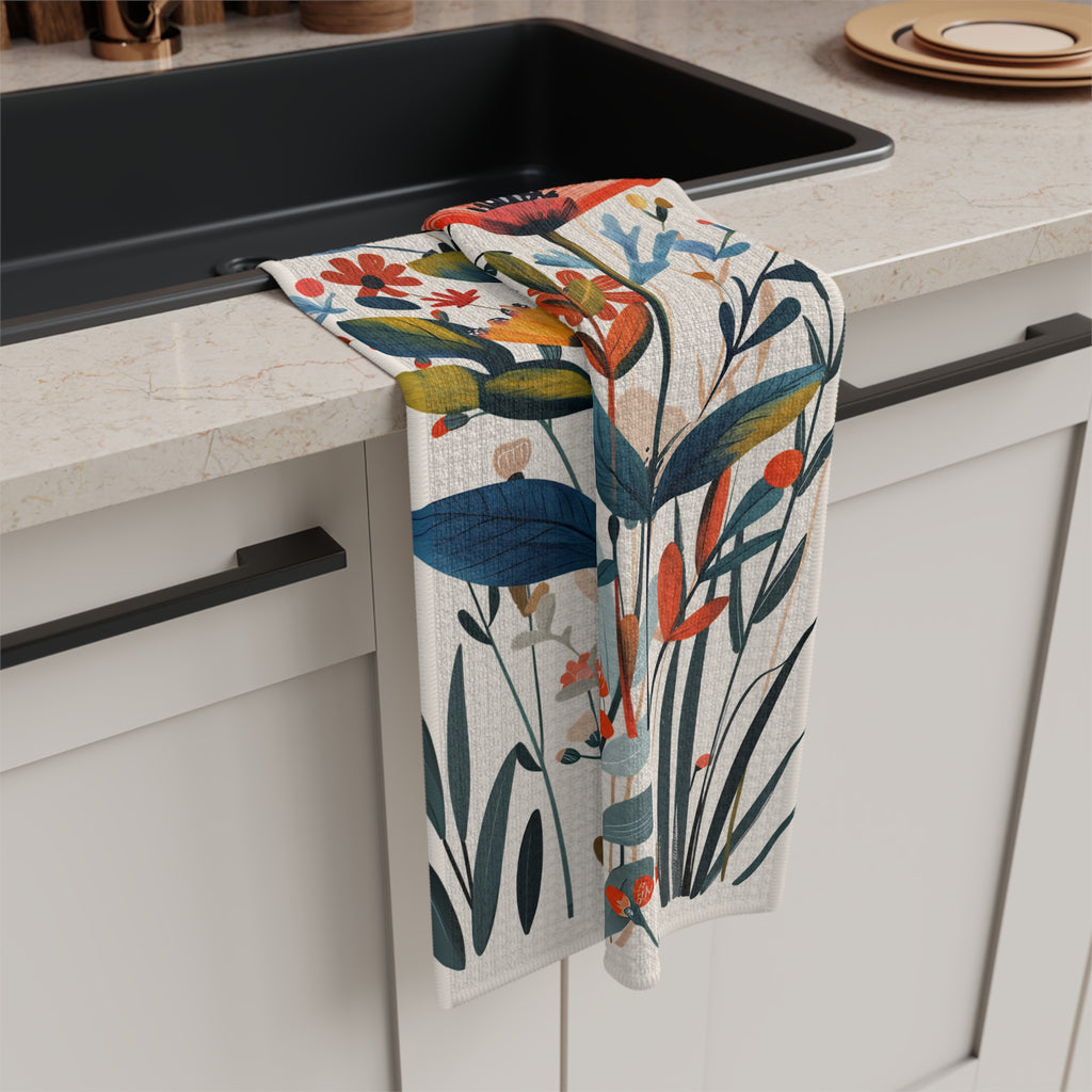 Decorative microfiber kitchen tea towel featuring hand-painted style wildflowers in warm Mediterranean colours on a cream background.