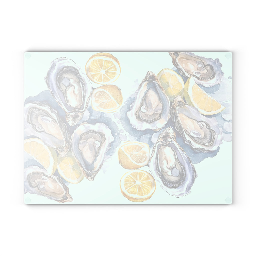Back view of Coastal kitchen accessory with oyster shells, lemon slices and watercolor artwork glass cutting board