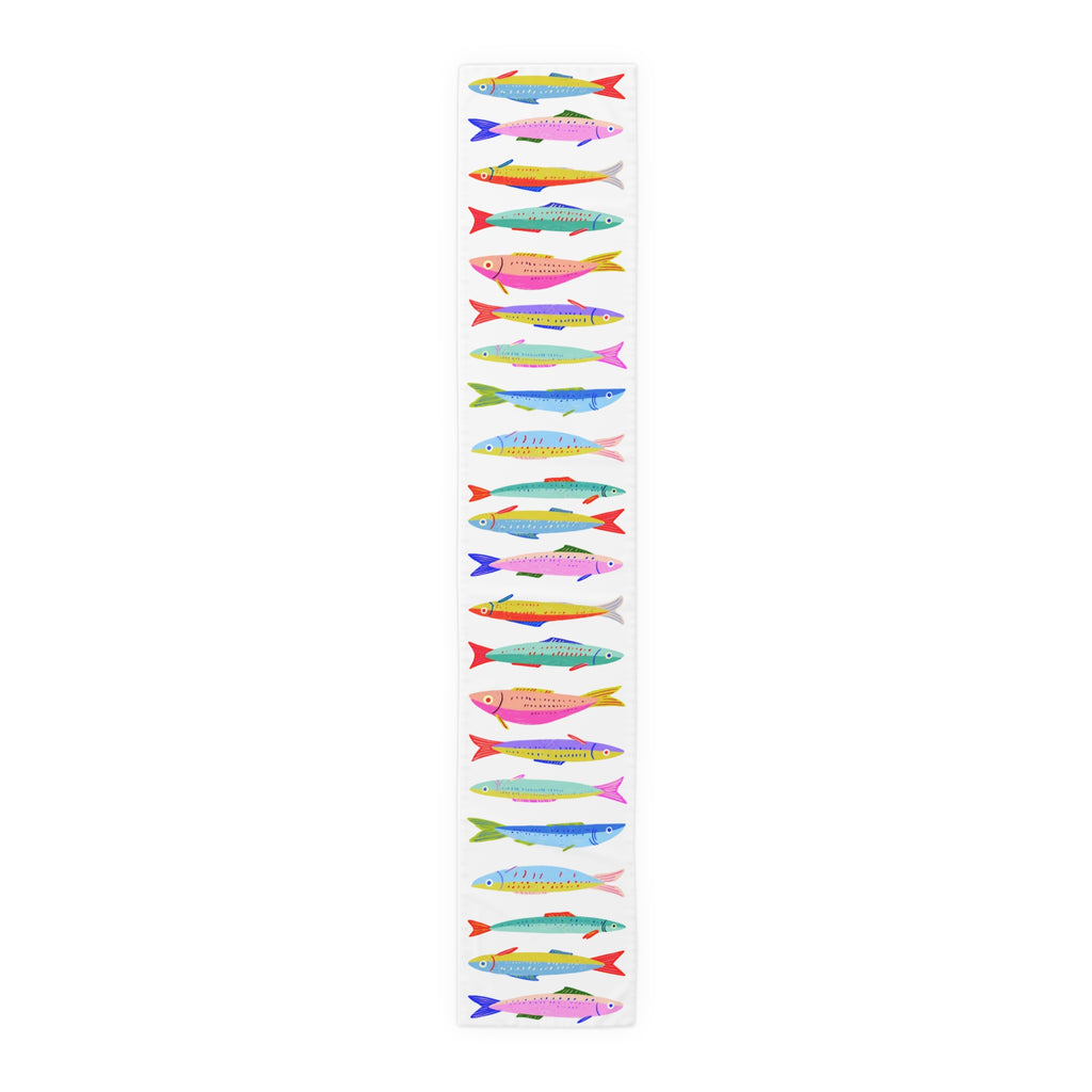 Colorful Sardine Illustration Table Runner – Bold Coastal Statement Table Linen