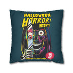 Close-up of colourful horror comic book artwork printed on a soft faux suede Halloween pillow cover