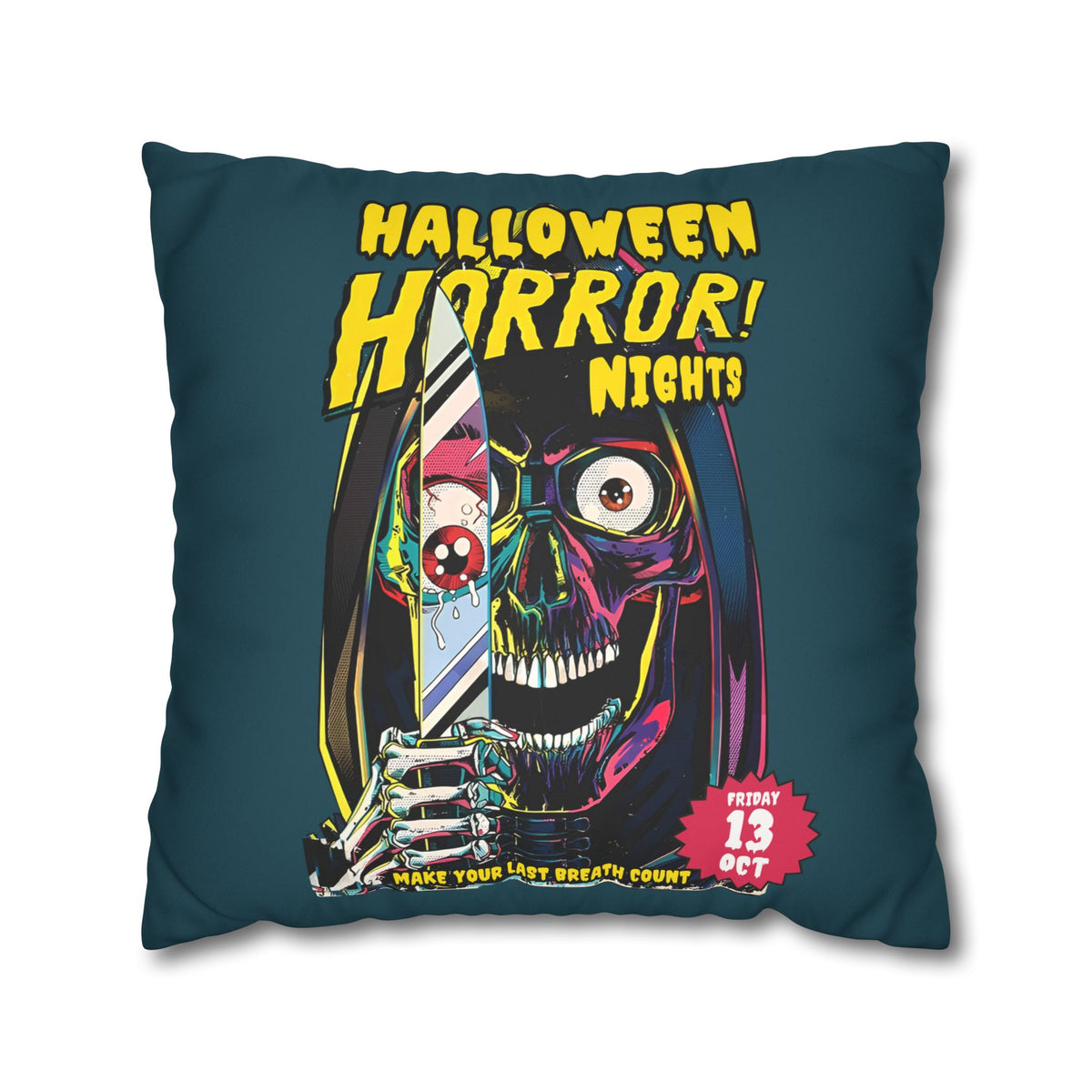 Close-up of colourful horror comic book artwork printed on a soft faux suede Halloween pillow cover