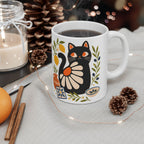Close-up of Matisse style black cat mug with bold floral Mediterranean design and glossy ceramic finish