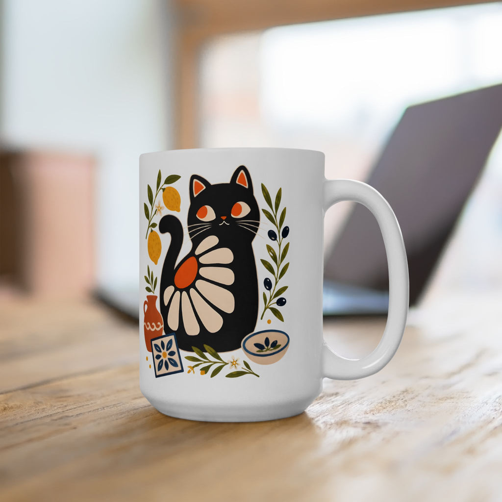 Decorative cat lover gift mug with Mediterranean inspired black cat illustration and elegant botanical details