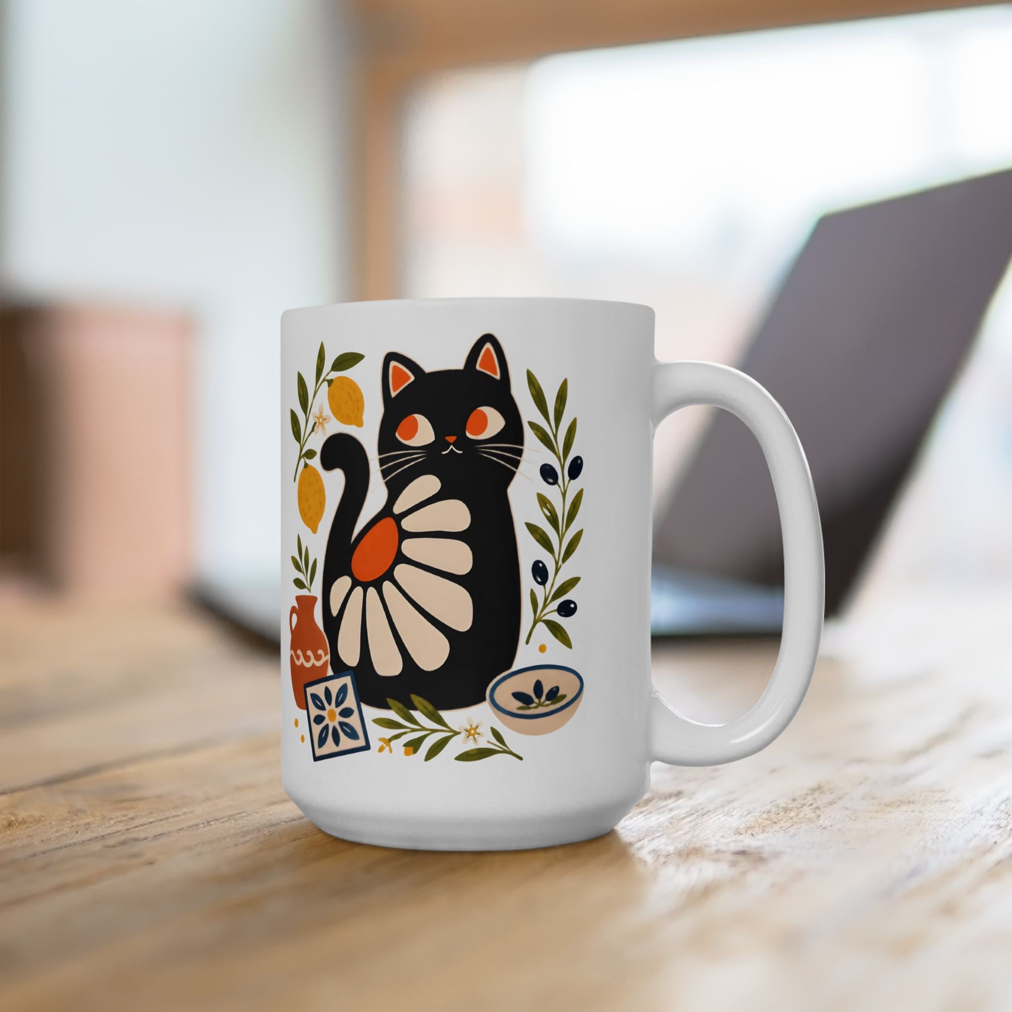 Decorative cat lover gift mug with Mediterranean inspired black cat illustration and elegant botanical details