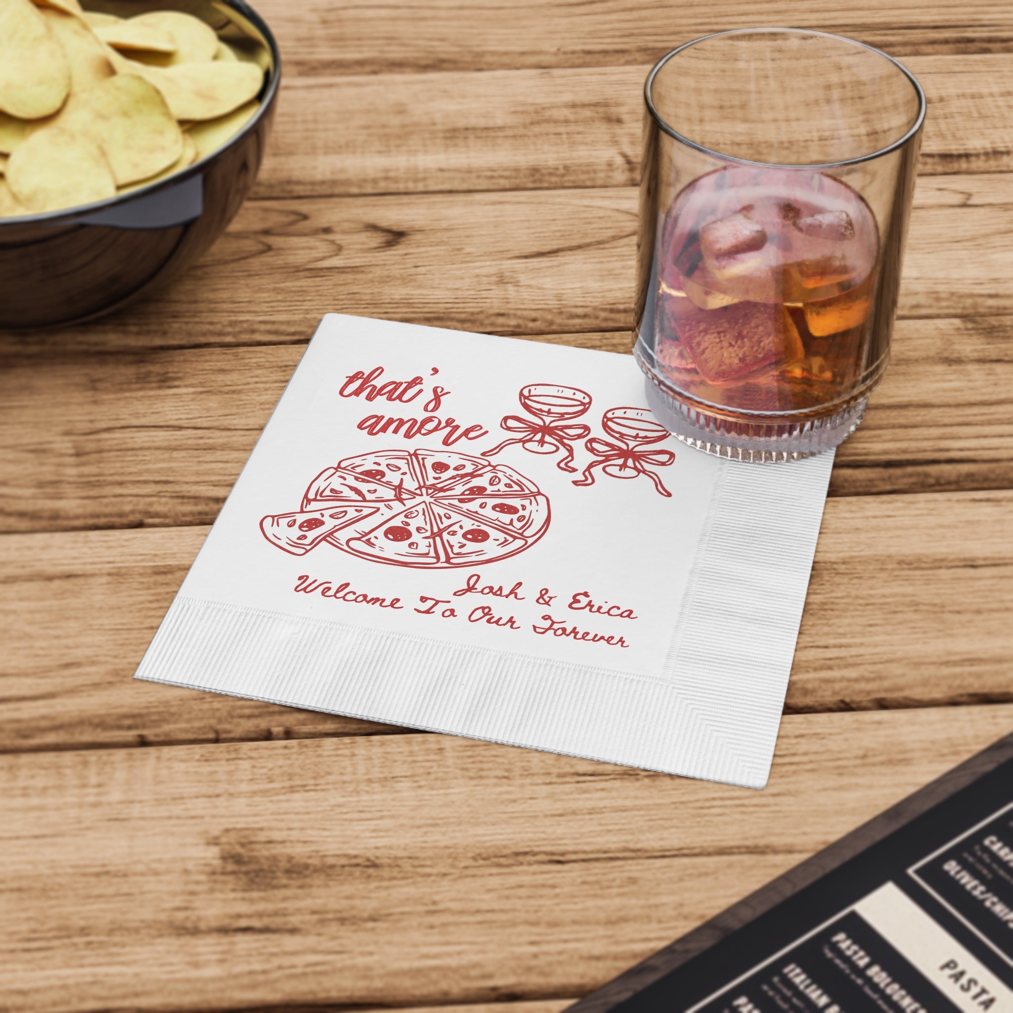White three-ply beverage napkin featuring a Welcome to Our Forever design for weddings, engagement parties, and bridal showers.