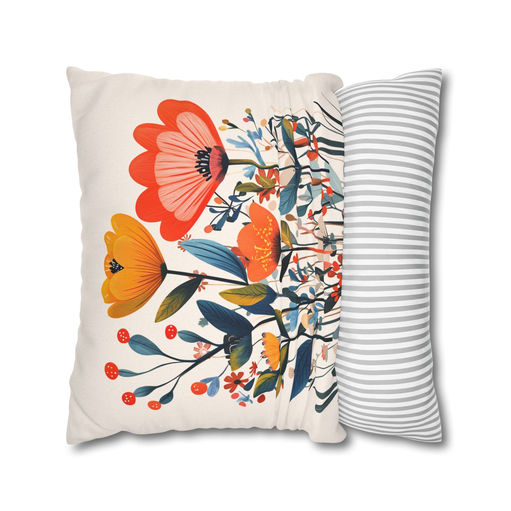 Floral Square Throw Pillow Cover | Mediterranean Wildflower Cushion Cover | Colorful Botanical Decorative Pillow | Double-Sided Polyester