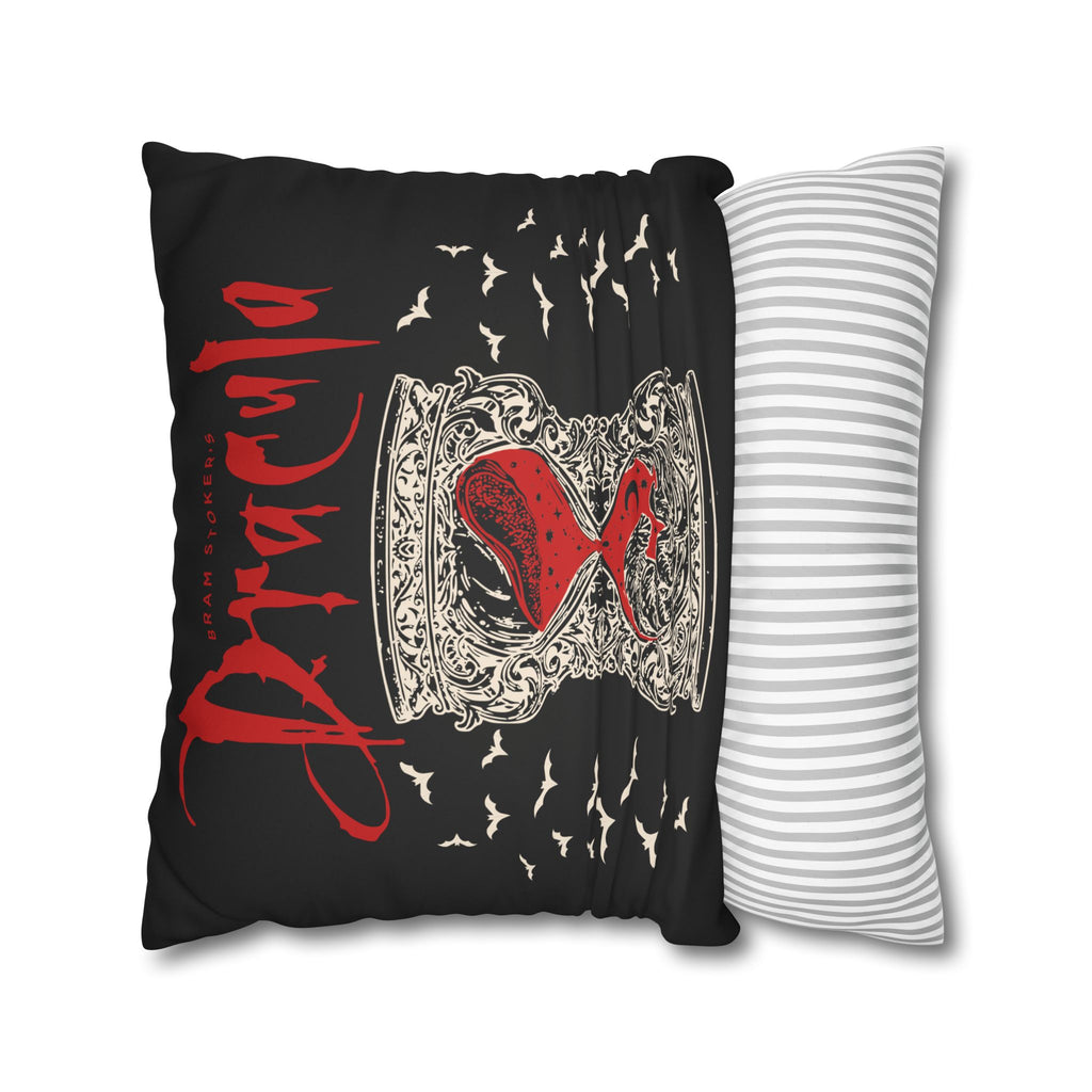 Dracula Halloween cushion cover styled on a sofa with a dark gothic vintage-inspired design.