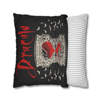 Dracula Halloween cushion cover styled on a sofa with a dark gothic vintage-inspired design.