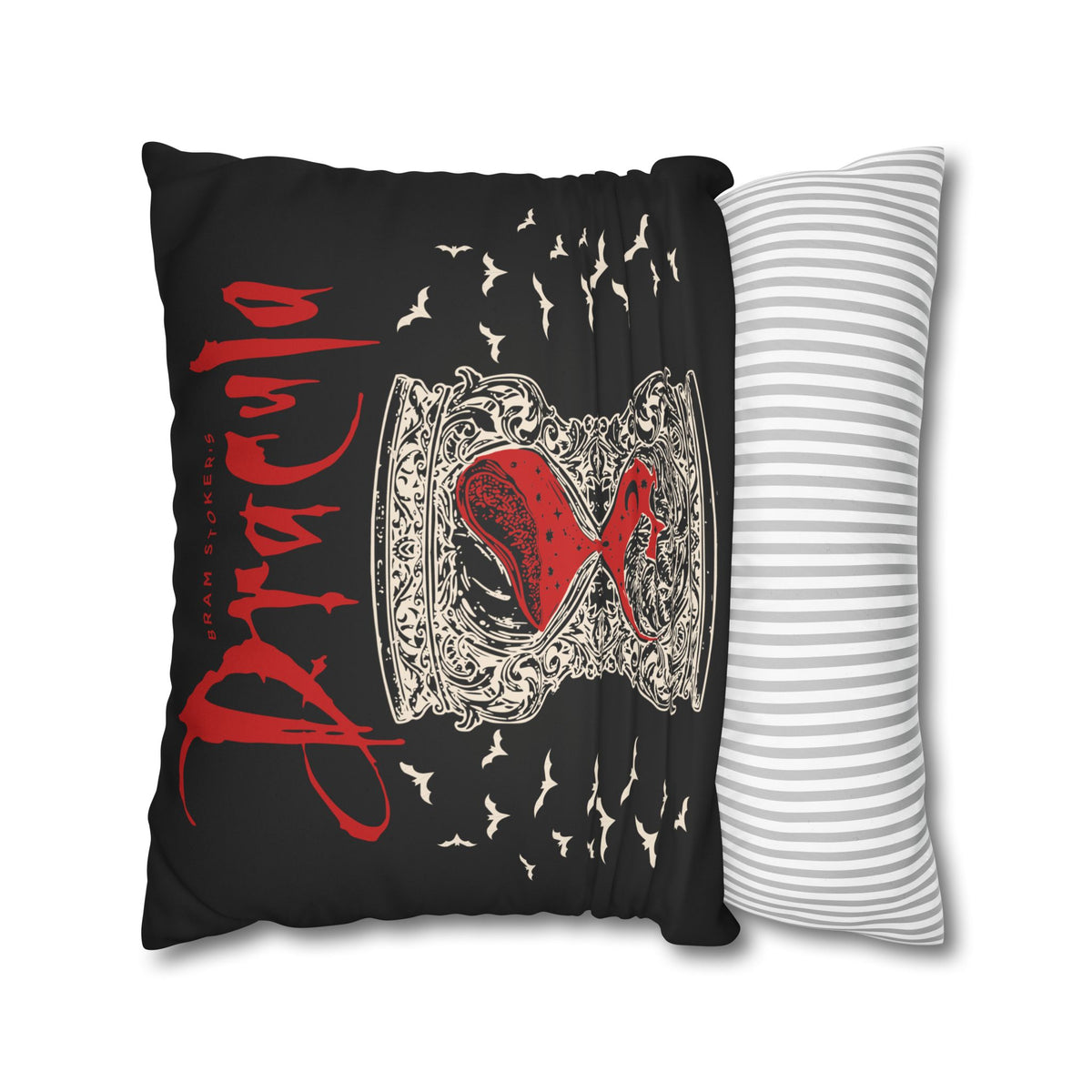 Dracula Halloween cushion cover styled on a sofa with a dark gothic vintage-inspired design.