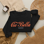 Folded Cio Bella Stai Benissimo sweatshirt showing the Italian-inspired graphic, retro script and Roma Milano Paris typography