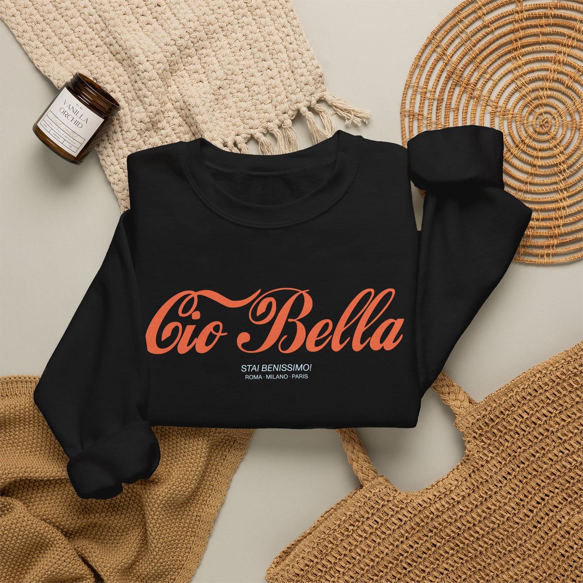 Folded Cio Bella Stai Benissimo sweatshirt showing the Italian-inspired graphic, retro script and Roma Milano Paris typography
