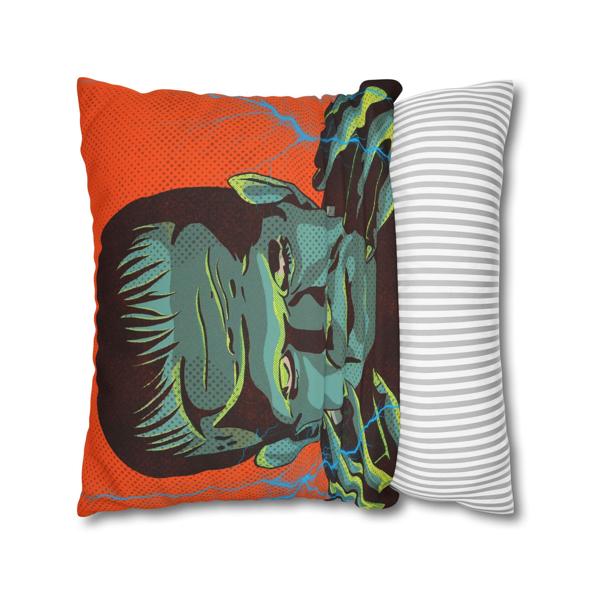 Vintage-inspired Frankenstein and Bride of Frankenstein faux suede cushion for Halloween and classic horror fans