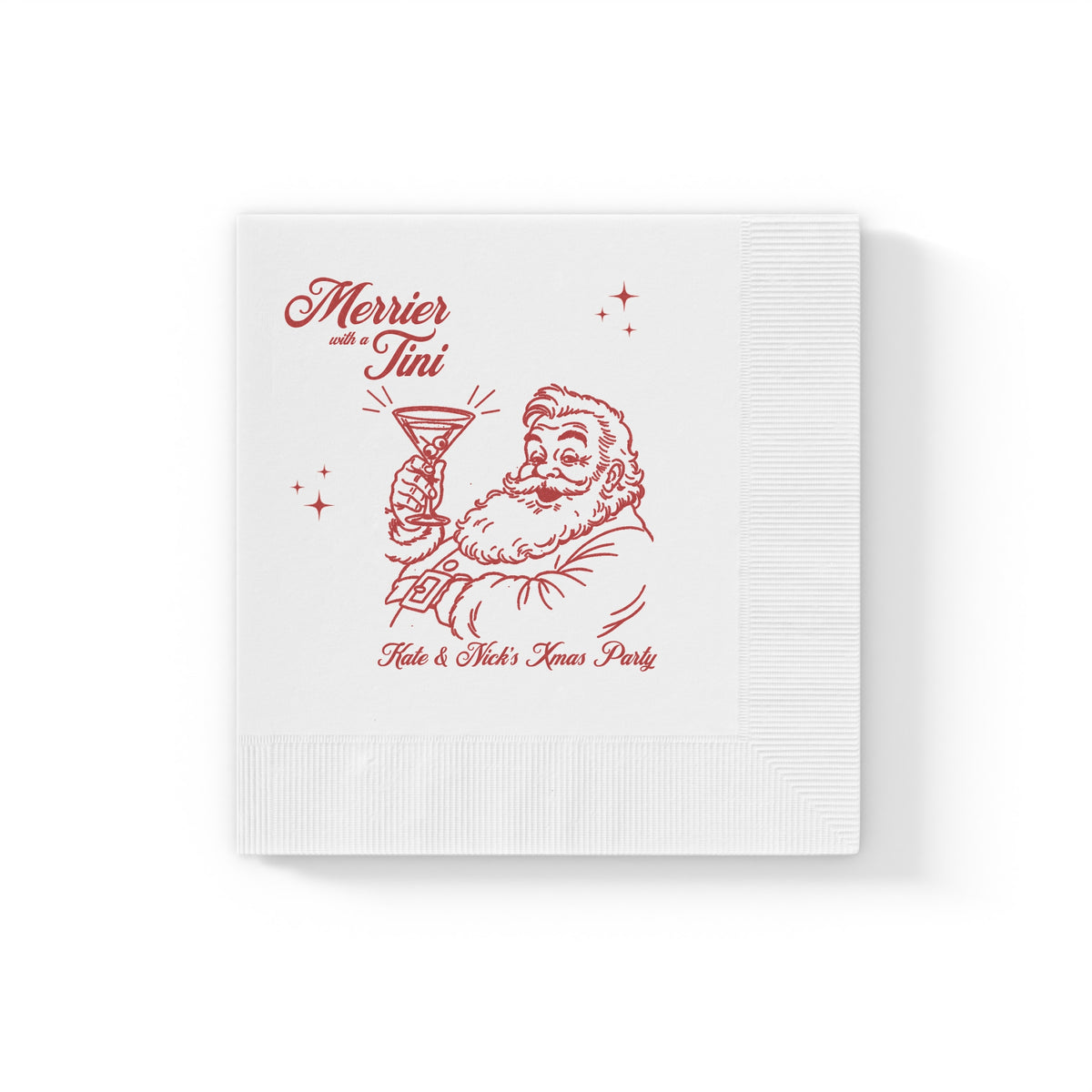 Soft three-ply white paper Christmas cocktail napkin featuring the Merrier with a Tini festive Santa illustration.
