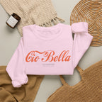 Close-up folded view of Cio Bella graphic sweatshirt showing detailed retro script lettering and Italian-inspired design