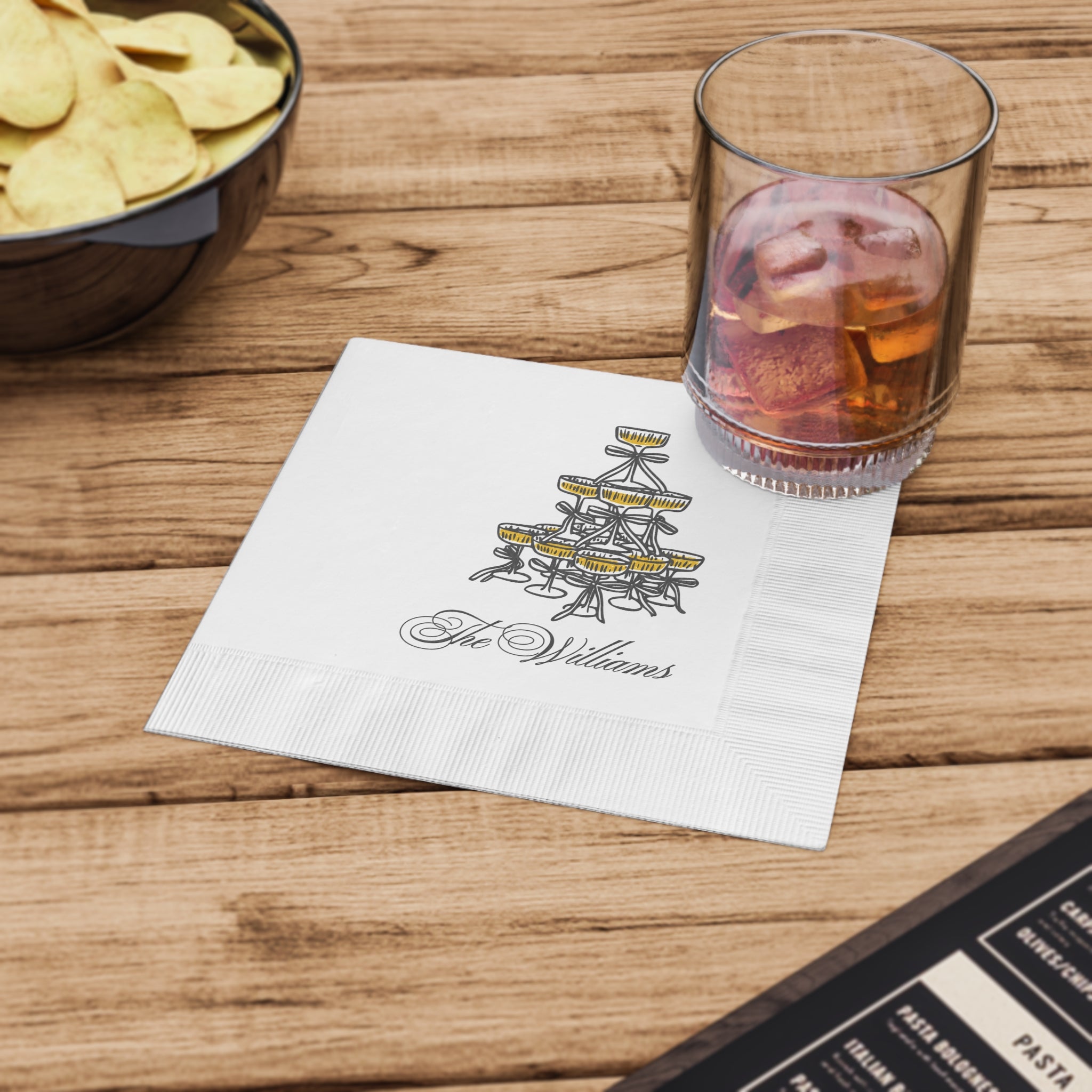 Personalized cocktail napkin with Champagne Social Club artwork, ideal for signature drink stations and wedding cocktail hours.