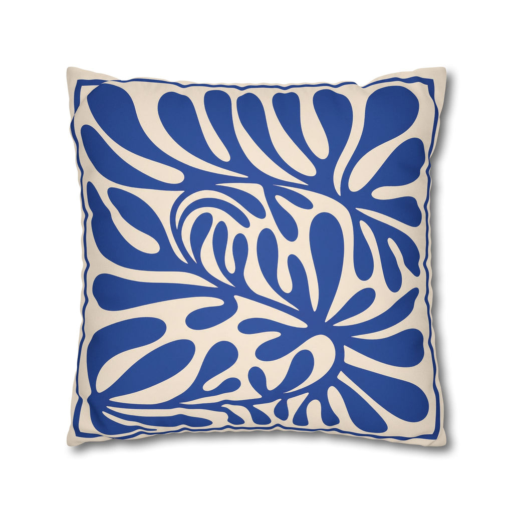 Mediterranean blue faux suede throw pillow adding colour and modern coastal character to interior styling.