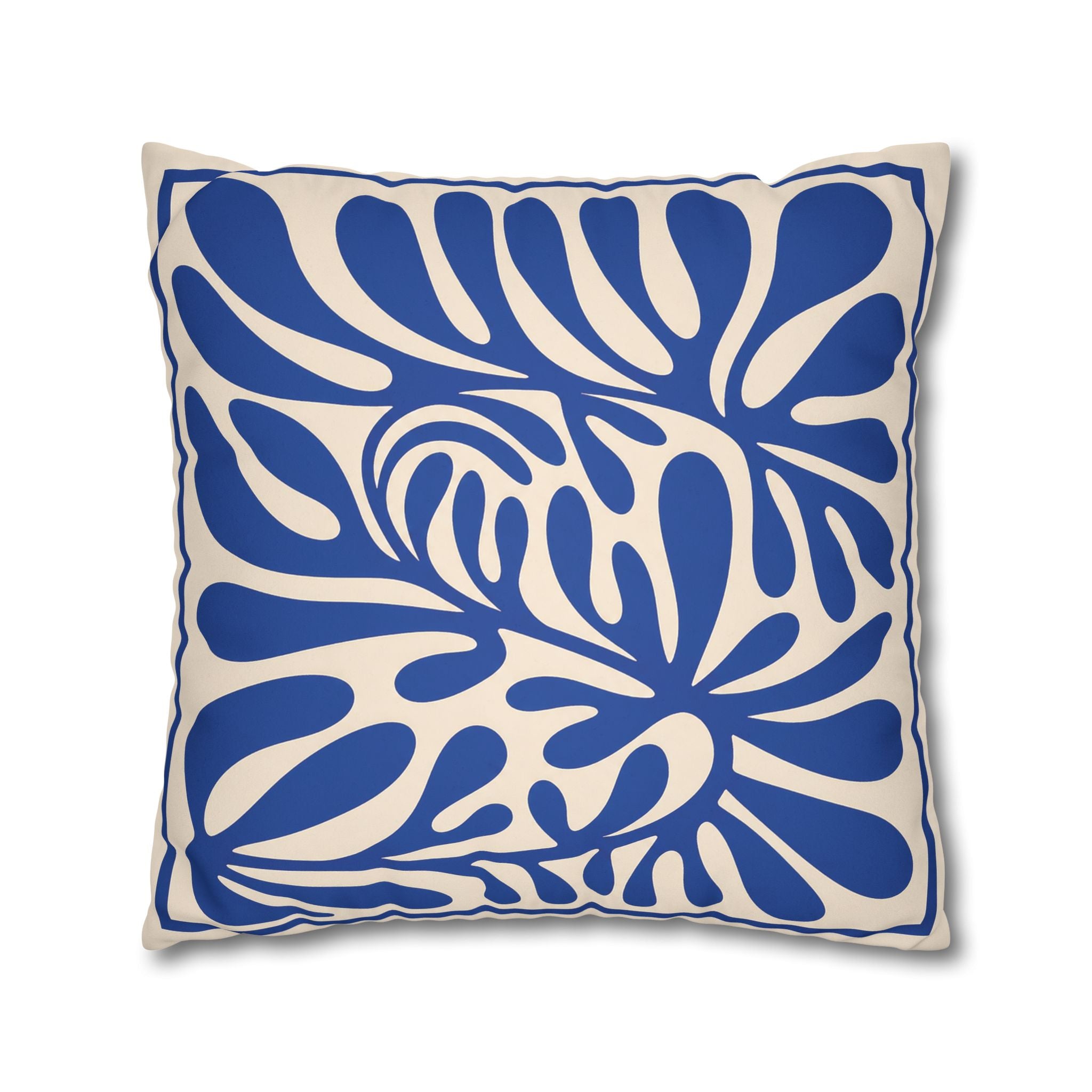 Mediterranean blue faux suede throw pillow adding colour and modern coastal character to interior styling.