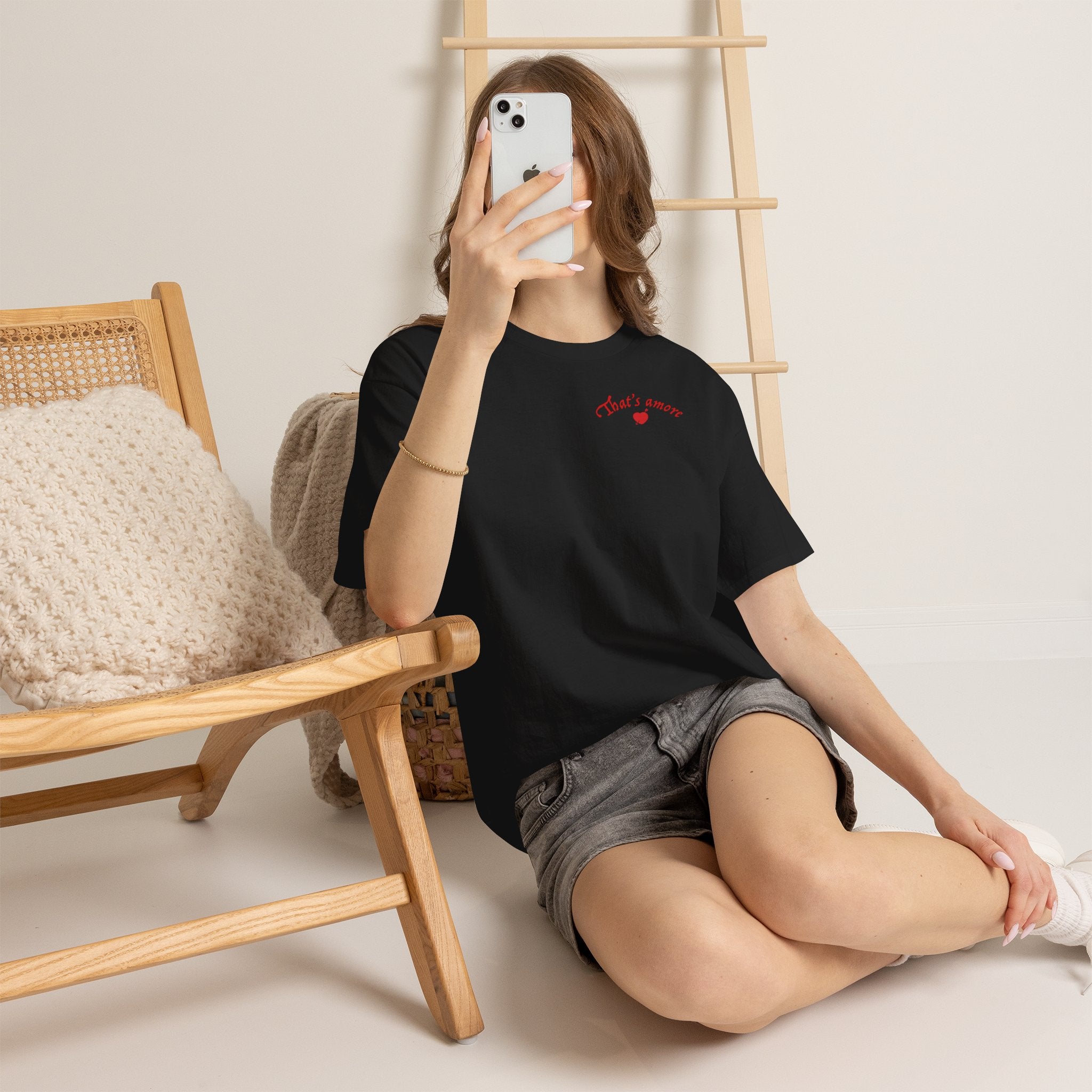 Funny That's Amore bridal party shirt personalised for bridesmaids, featuring front and back printing on a heavyweight cotton tee.
