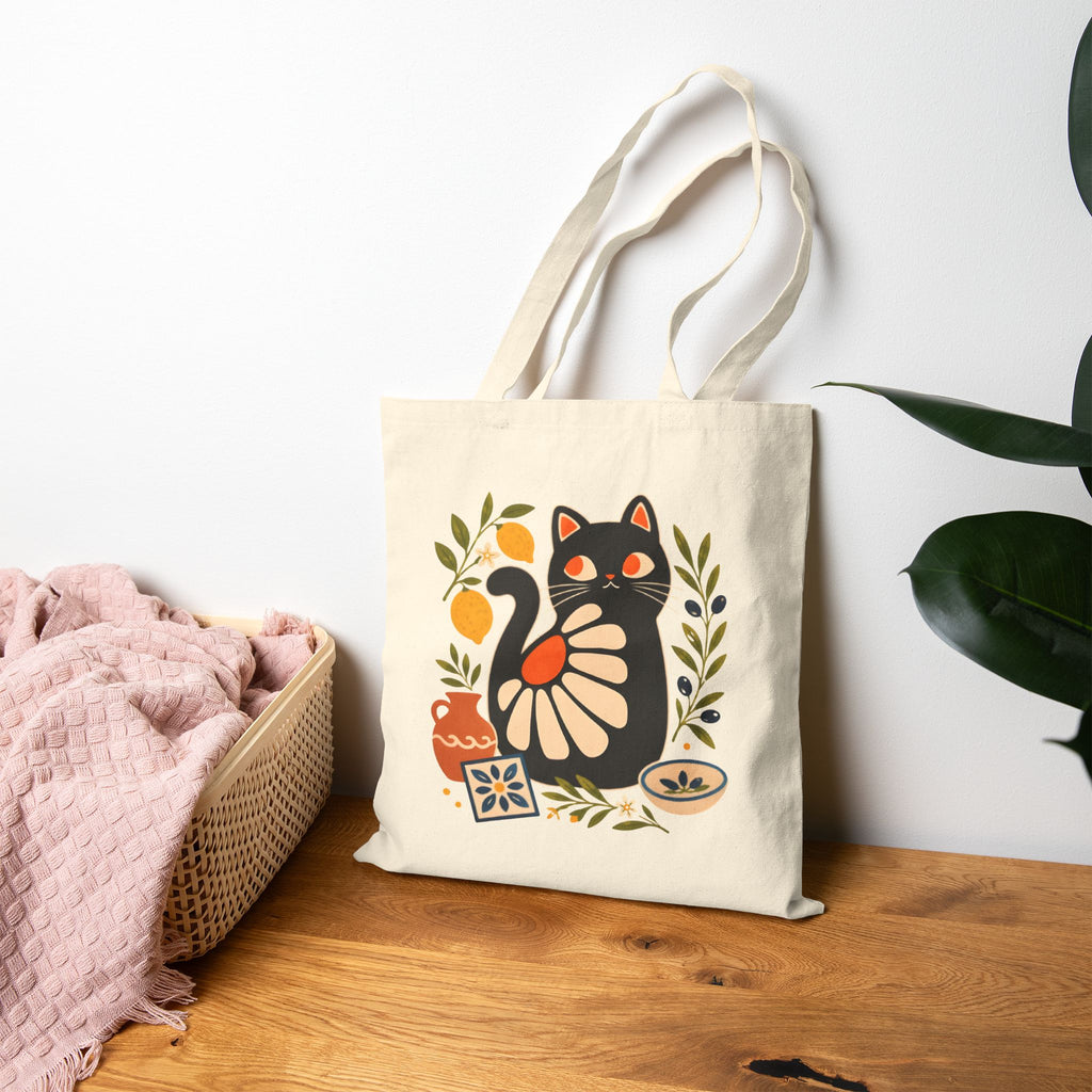 Mediterranean cat market tote bag with olive branch illustrations, citrus accents, and traditional ceramic tile motifs.