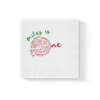 Close-up of a custom first birthday pizza napkin printed on premium white three-ply paper with elegant coined edges.
