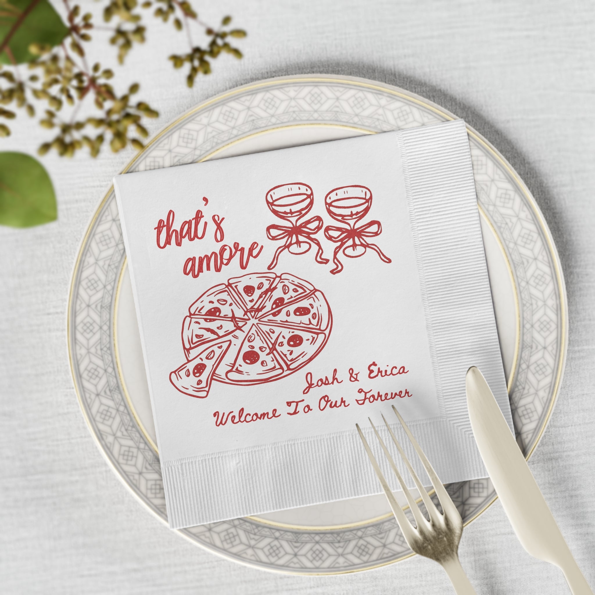Custom Italian wedding cocktail napkin with Welcome to Our Forever design, personalized for a romantic celebration.