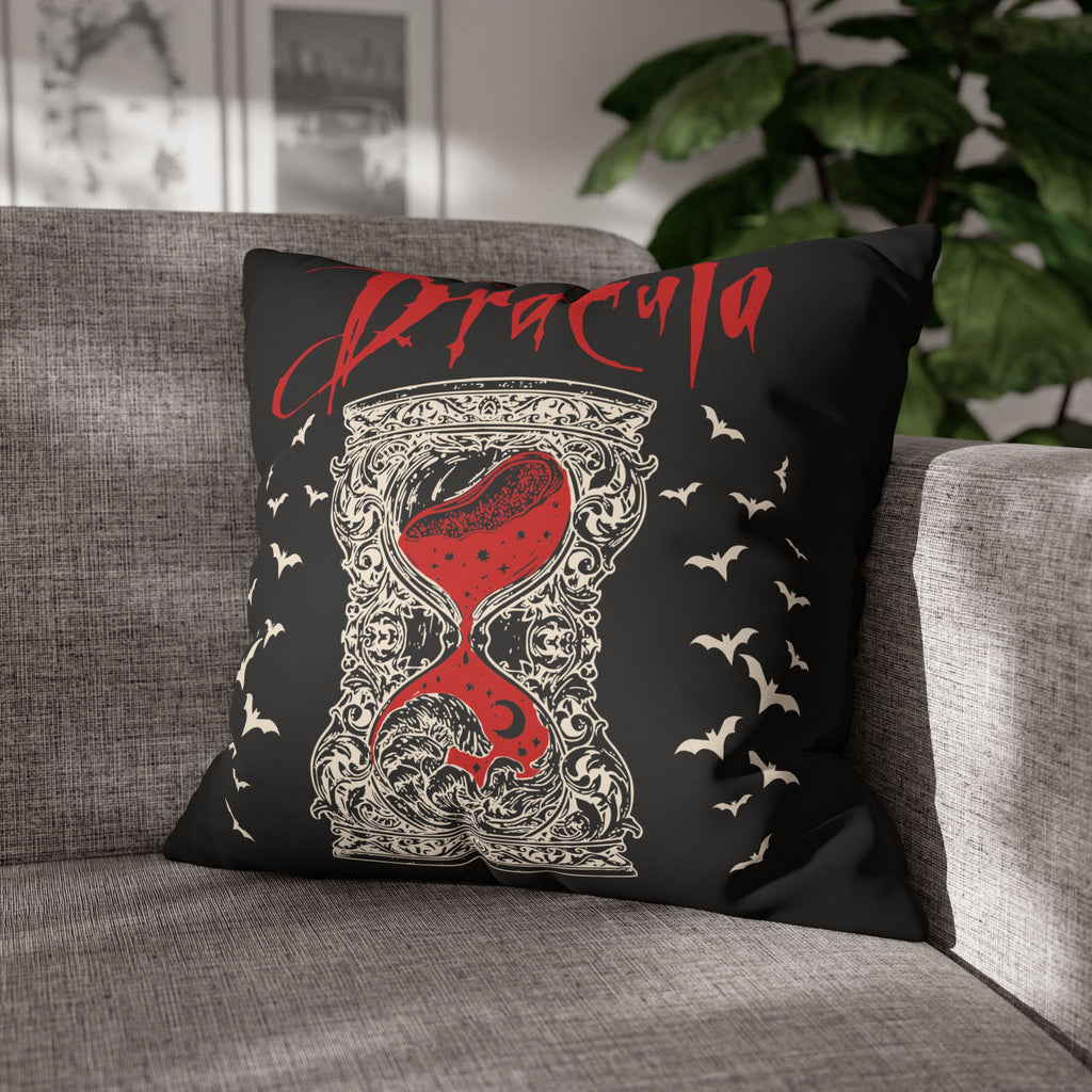 Double-sided gothic cushion showcasing coordinated Dracula-inspired artwork in red, black and ivory.