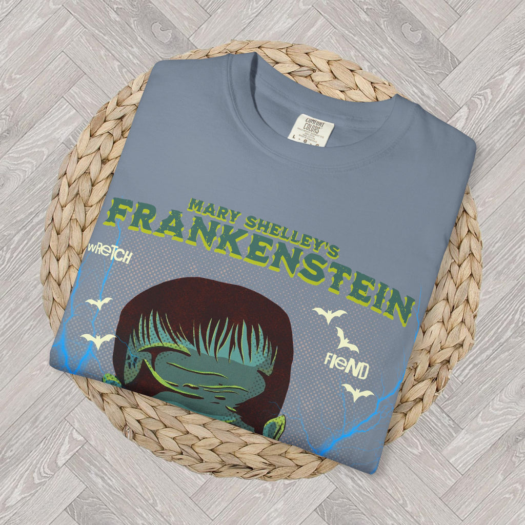 Blue Jean: Frankenstein graphic t-shirt in Blue Jean featuring Mary Shelley lettering, gothic horror artwork and bats