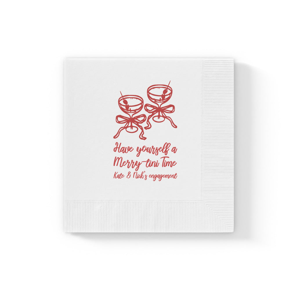 Personalized holiday beverage napkin featuring a Christmas martini theme, perfect for festive cocktail bars and Christmas entertaining.