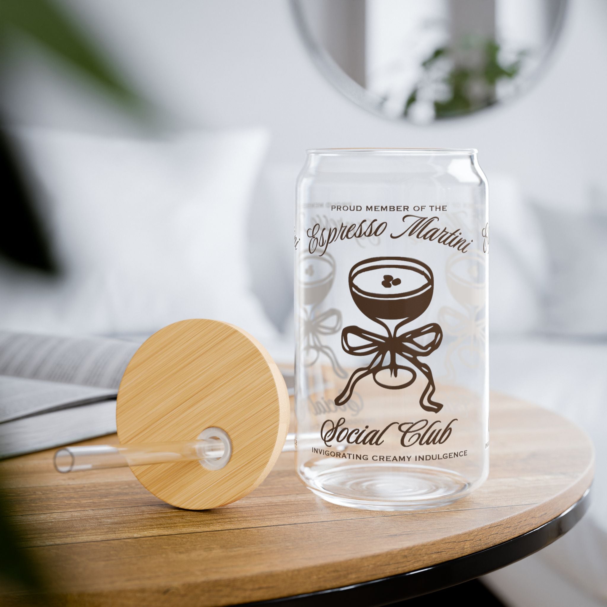 Coquette style iced coffee glass featuring Espresso Martini Social Club artwork.