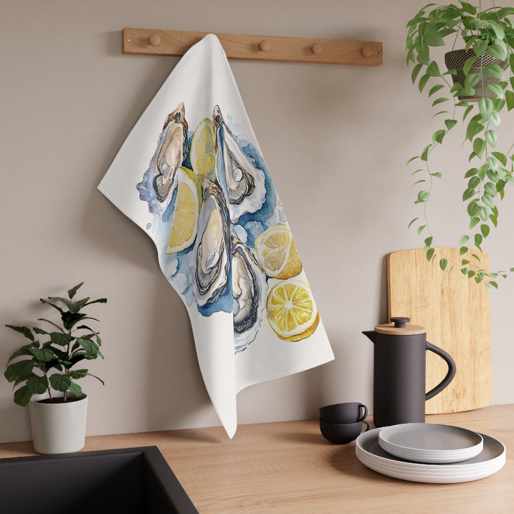 Hand-Painted Watercolor Oyster Tea Towel – 100% Cotton Twill Coastal Kitchen Towel