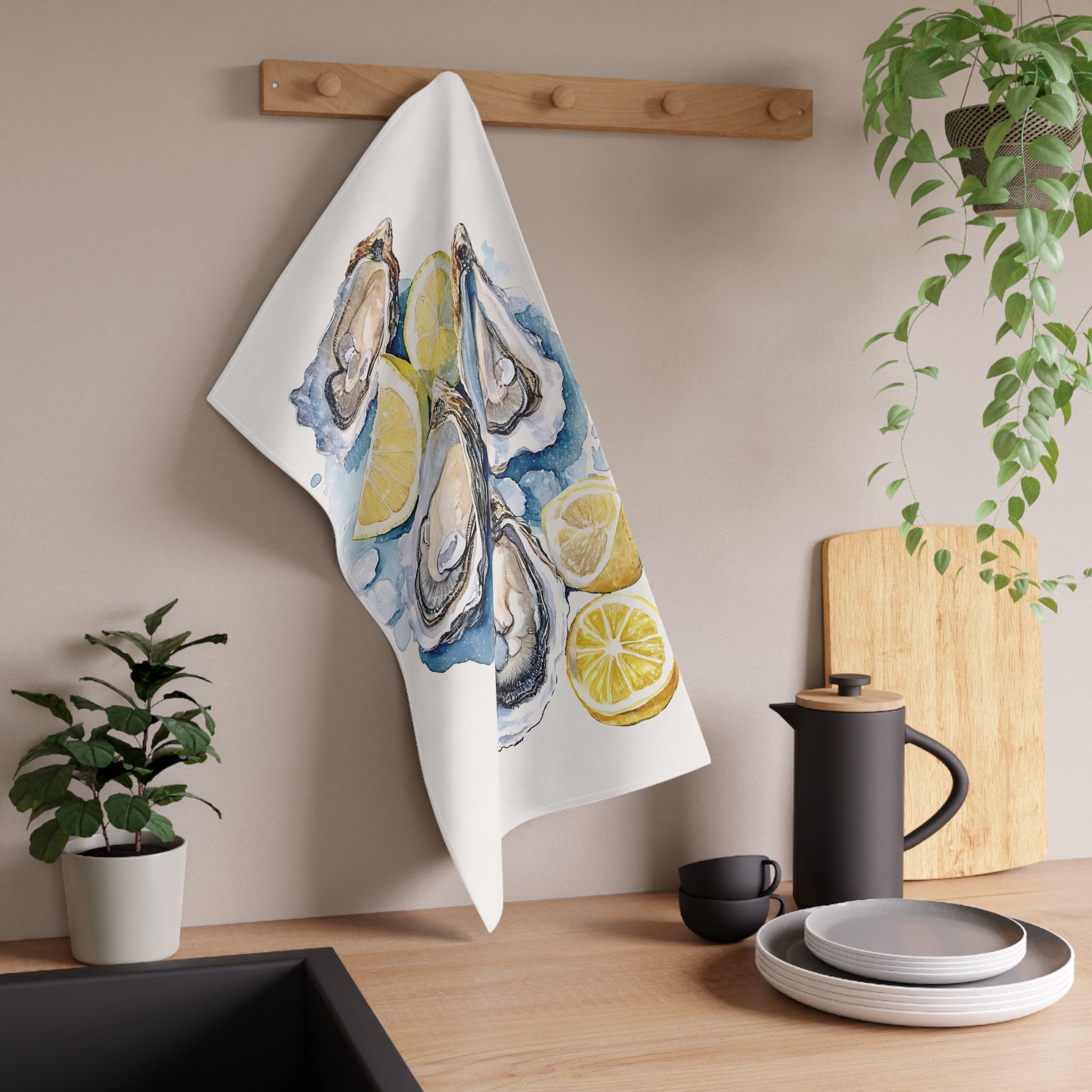 Hand-Painted Watercolor Oyster Tea Towel – 100% Cotton Twill Coastal Kitchen Towel