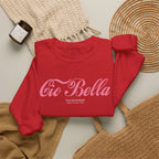 Folded Cio Bella sweatshirt close-up featuring STAI BENISSIMO and Roma Milano Paris editorial typography