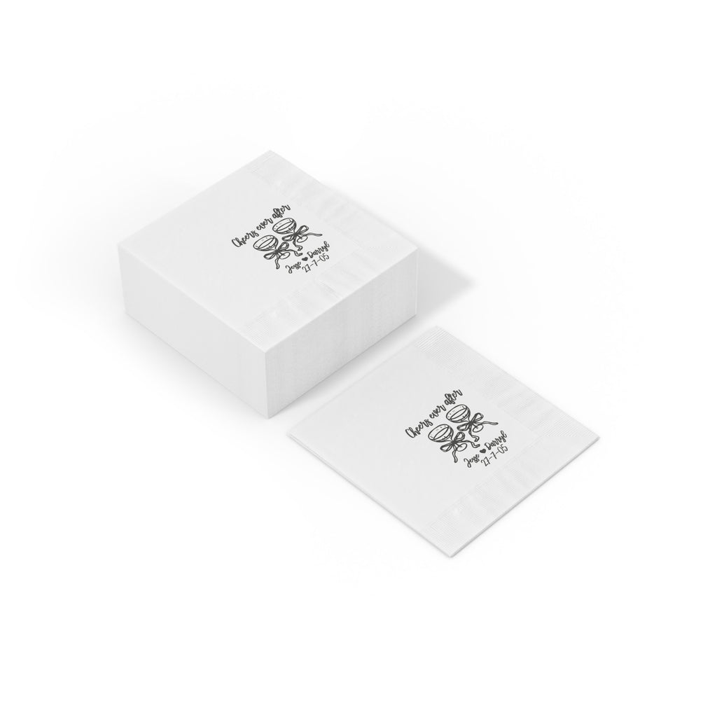 Custom Cheers to Ever After paper napkin for wedding receptions, rehearsal dinners, and anniversary celebrations, available in cocktail and luncheon sizes.