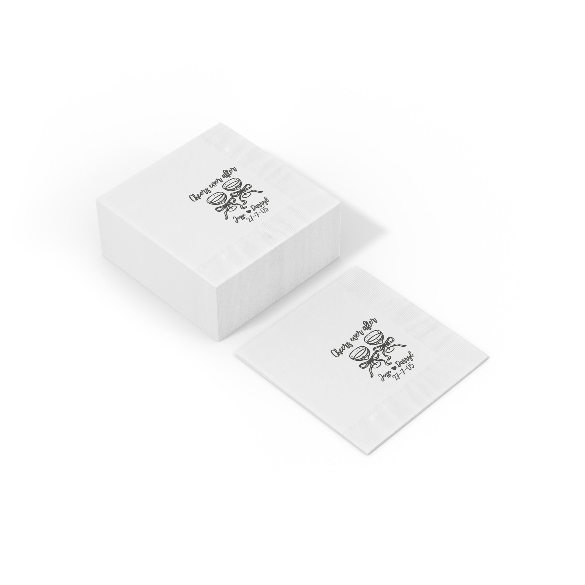 Custom Cheers to Ever After paper napkin for wedding receptions, rehearsal dinners, and anniversary celebrations, available in cocktail and luncheon sizes.