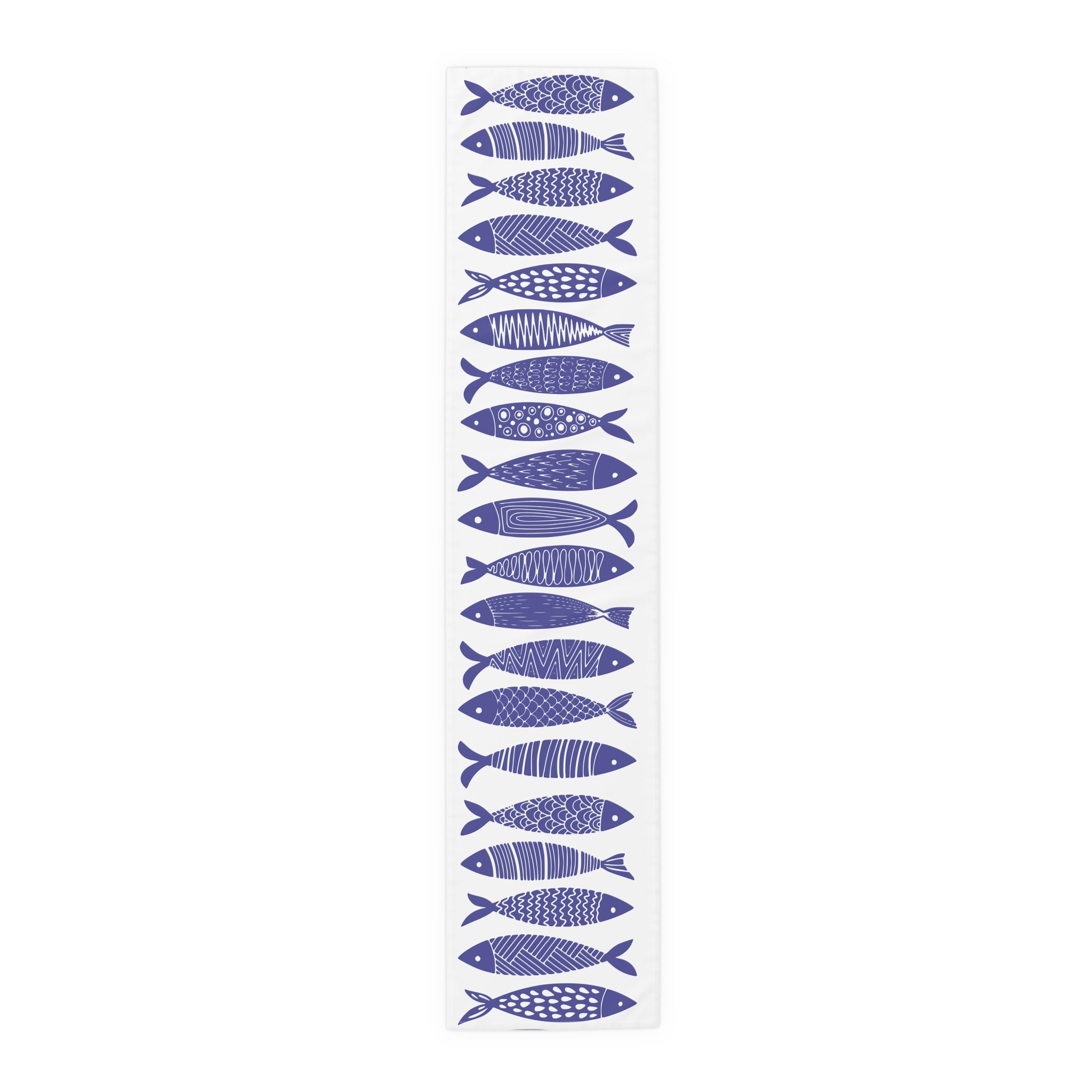 Handmade-style Scandinavian folk fish pattern on cotton table runner, adding charm to your dining decor.