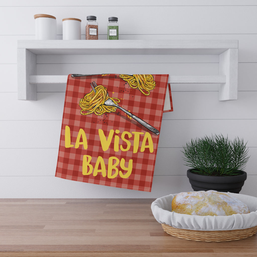 Detailed illustration of golden spaghetti twirled around two silver forks on the Pasta La Vista Baby tea towel.