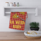 Detailed illustration of golden spaghetti twirled around two silver forks on the Pasta La Vista Baby tea towel.