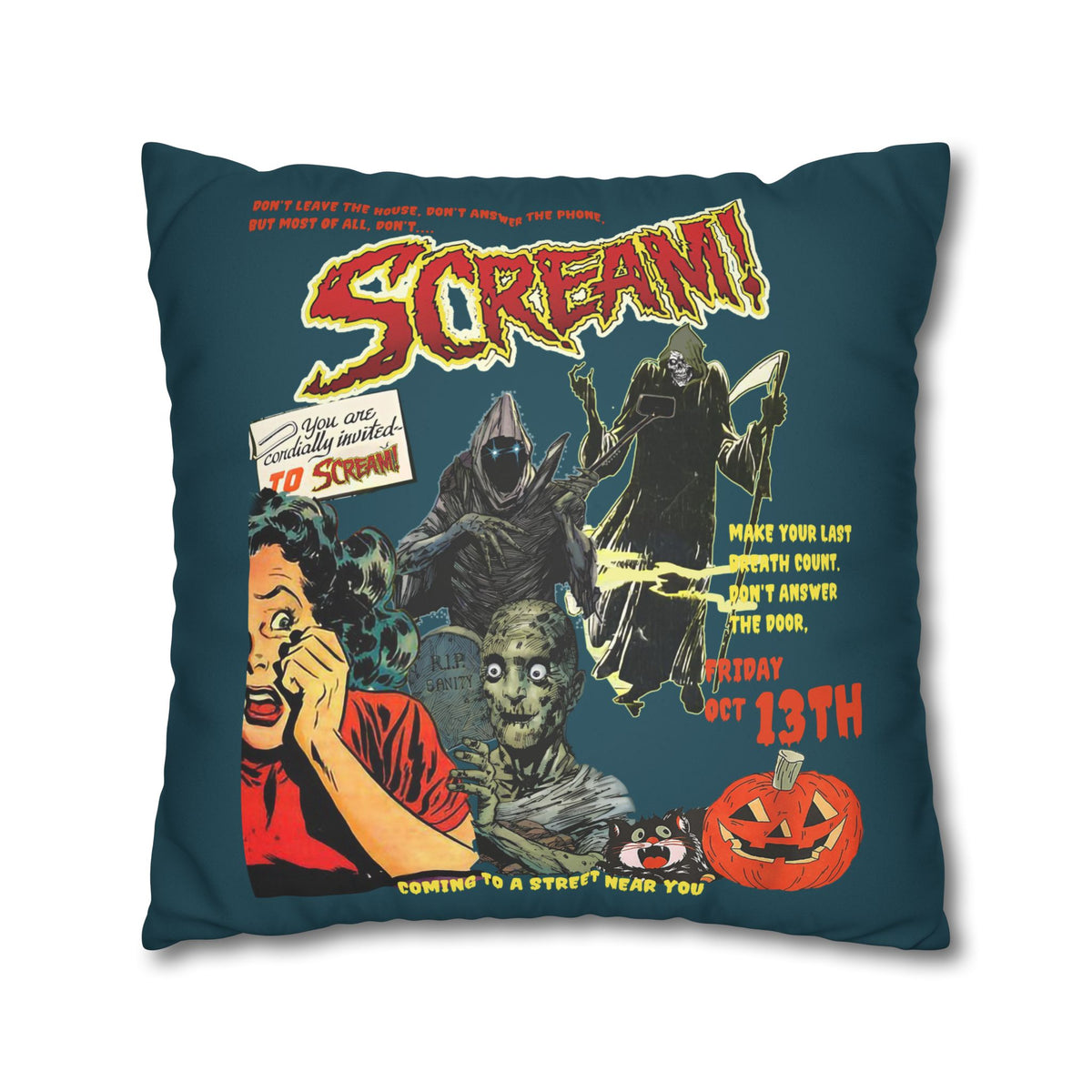 Colourful gothic Halloween cushion cover with retro horror artwork for spooky home décor