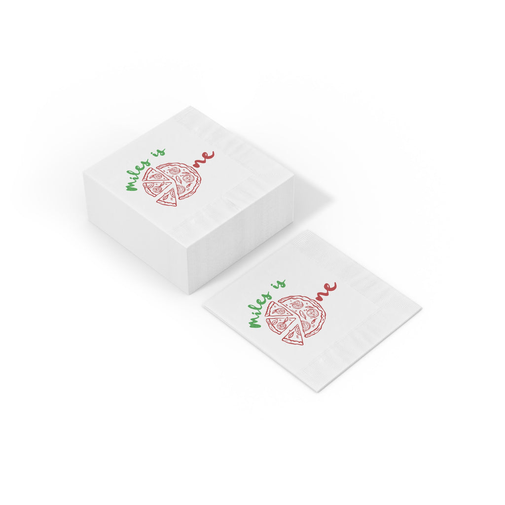 Personalized pizza-themed birthday napkin for a child's first birthday, available in cocktail and luncheon sizes for party tables.