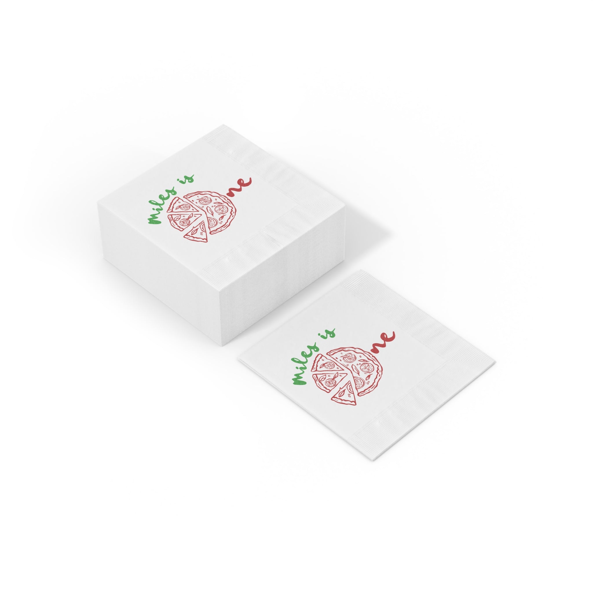 Personalized pizza-themed birthday napkin for a child's first birthday, available in cocktail and luncheon sizes for party tables.