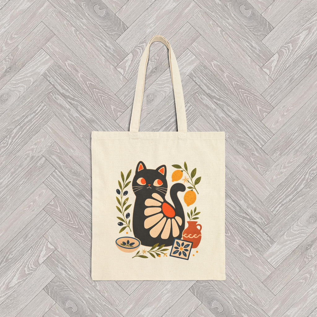 Mediterranean lifestyle tote bag featuring a black cat artwork inspired by Italian, Greek, and coastal European aesthetics.