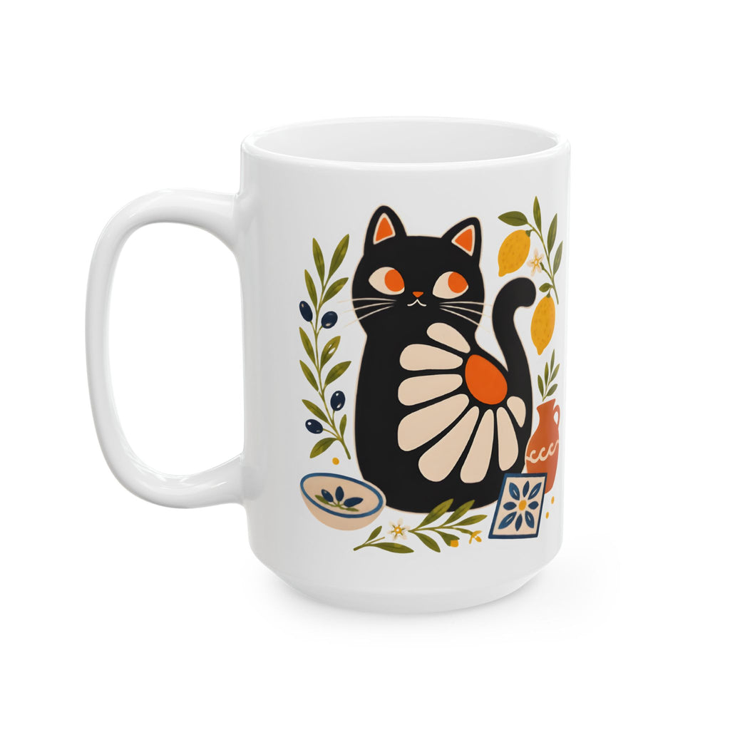 Large 15oz black cat ceramic mug featuring Mediterranean tile and olive branch design