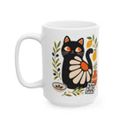 Large 15oz black cat ceramic mug featuring Mediterranean tile and olive branch design