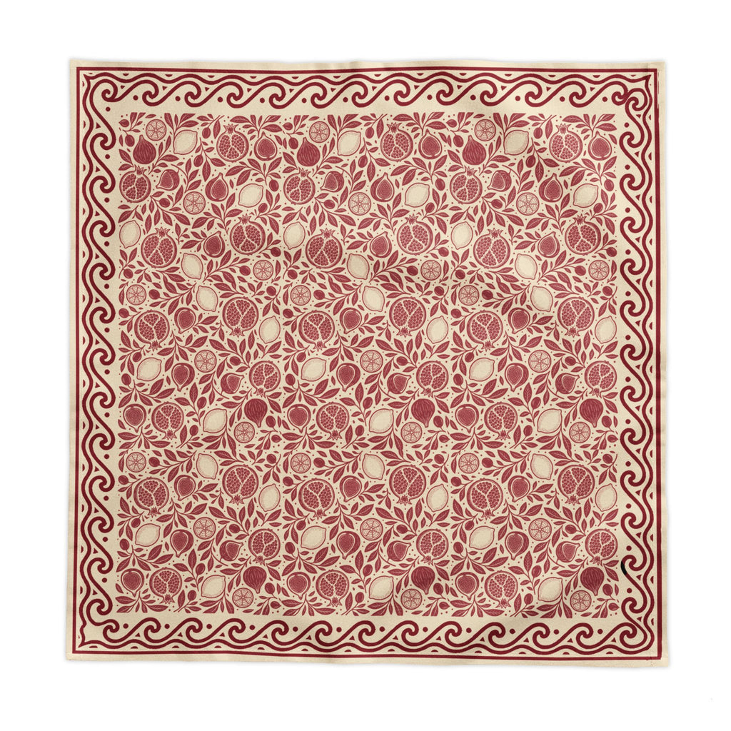 Red and cream fruit botanical tablecloth with pomegranates, figs, lemons and leaves