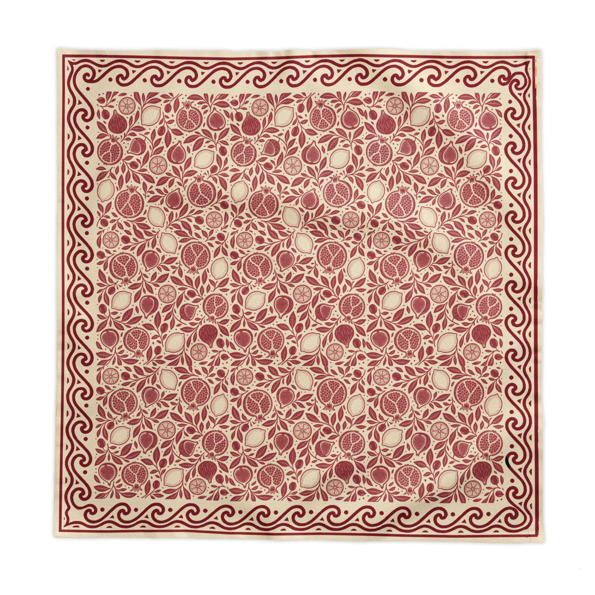 Red and cream fruit botanical tablecloth with pomegranates, figs, lemons and leaves