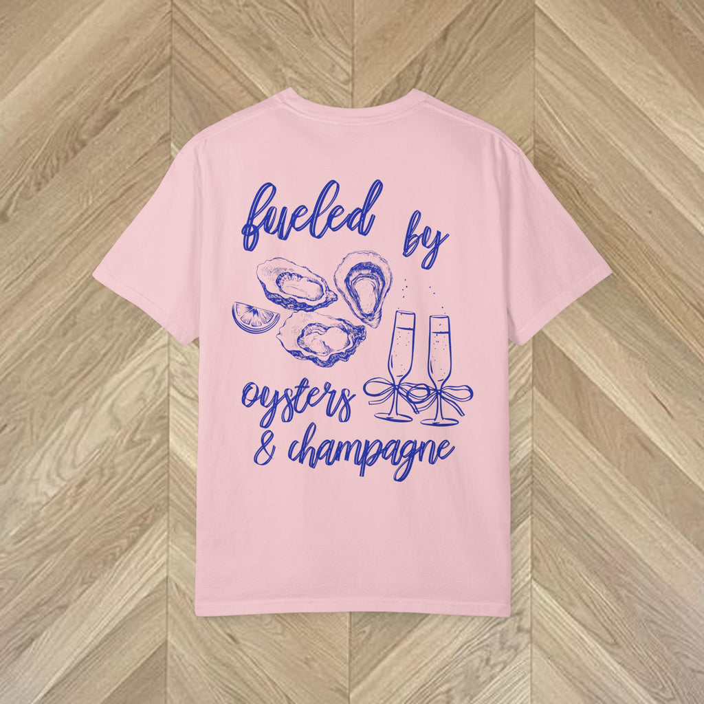 Premium breathable cotton graphic shirt featuring seafood and champagne inspired coastal design