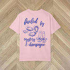 Premium breathable cotton graphic shirt featuring seafood and champagne inspired coastal design