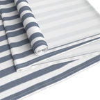 Modern coastal dining decor featuring a slate blue hand drawn stripe table runner.