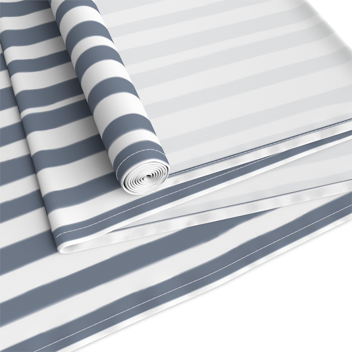 Modern coastal dining decor featuring a slate blue hand drawn stripe table runner.